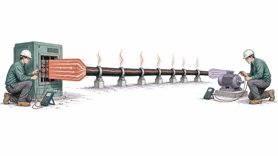 Editorial scene of electrical energy entering a long cable as a full parcel and leaving smaller while measured heat escapes along the route.