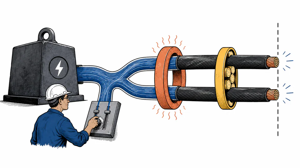 Editorial cutaway of an electrical feeder carrying weighted blocks through two cable runs, with heat and grouping constraints shown around the conductors.