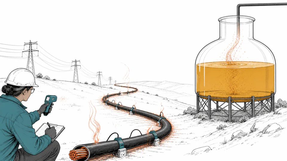 Editorial cutaway of a long cable route with heat escaping at measured intervals and an energy meter collecting accumulated annual loss.