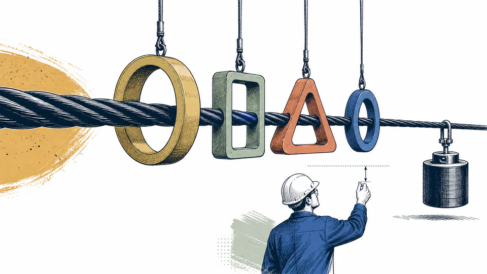 Editorial illustration of an electrical cable passing through four narrowing environmental rings before reaching a calibrated margin gauge.