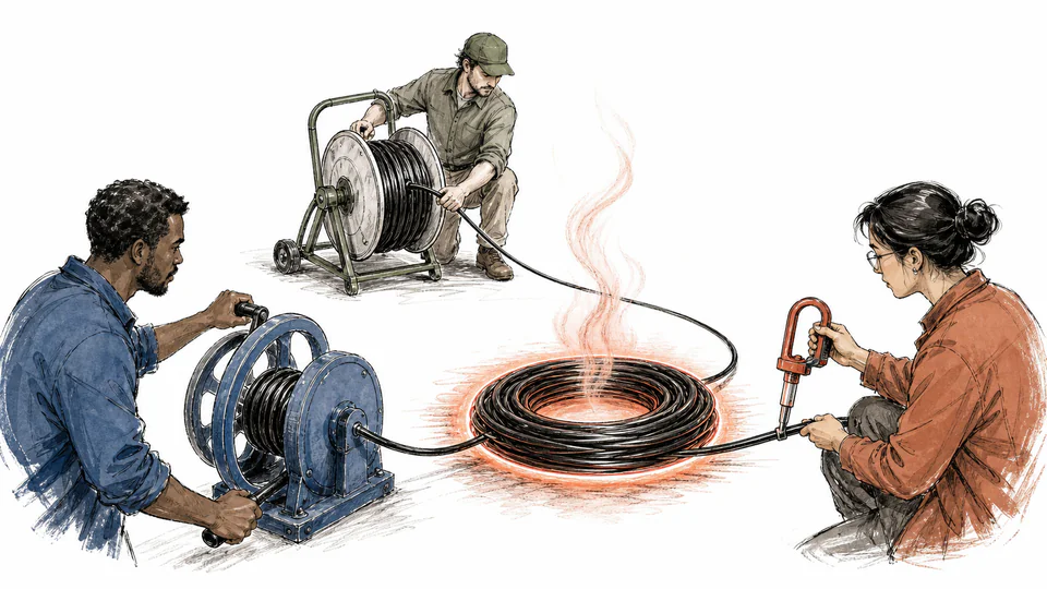 Editorial illustration of three separate hands turning current, route length, and conductor temperature controls connected to one cable heat meter.