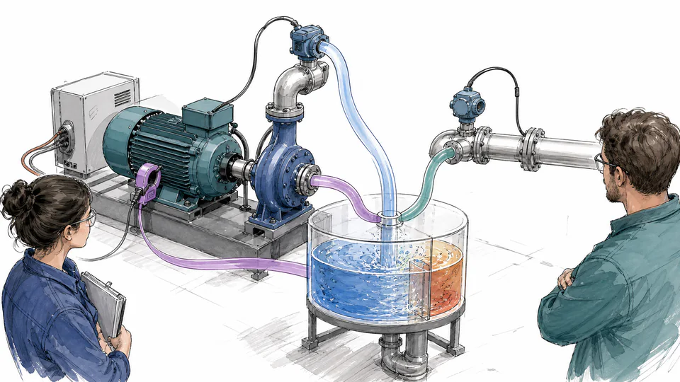 Editorial illustration of a pump test bench with synchronized flow, head, and electrical meters feeding one transparent energy balance.