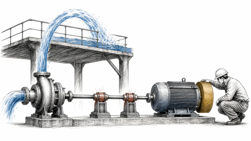 Editorial cutaway of a pump lifting water onto a platform while separate mechanical and electrical losses are weighed against a motor nameplate.