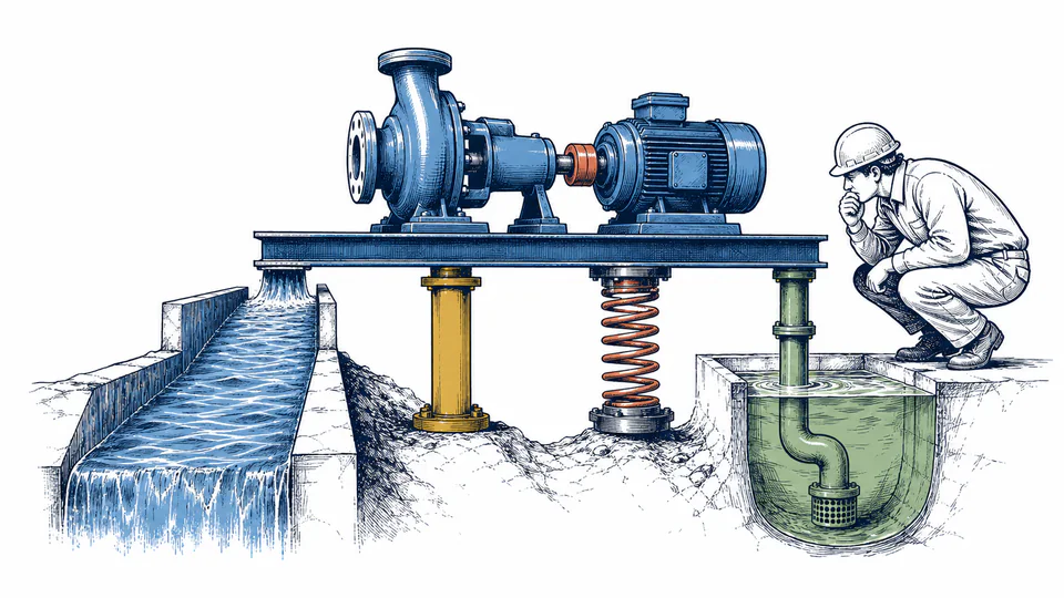 Editorial illustration of a pump suspended by four unequal support cables representing flow, head, power, and suction, with the shortest support controlling clearance.
