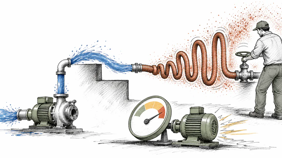 Editorial illustration of a pump sending liquid up a fixed step and through an expanding coiled hose, while a separate efficiency dial changes the required effort.
