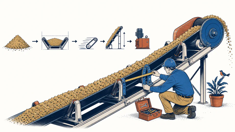 Editorial cutaway of a troughed belt carrying a measured bulk cross-section uphill, with separate markers for belt width, speed, lift, and drive power.