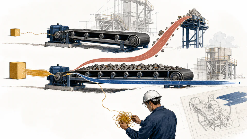 Editorial energy-accounting scene where an empty moving belt consumes one power block and added material splits loaded power into lift, horizontal work, and an unresolved remainder.
