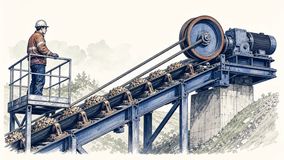 Editorial side view of a loaded belt climbing a slope, with material kilograms per metre feeding separate running-resistance and lift-force arrows into the drive pulley.