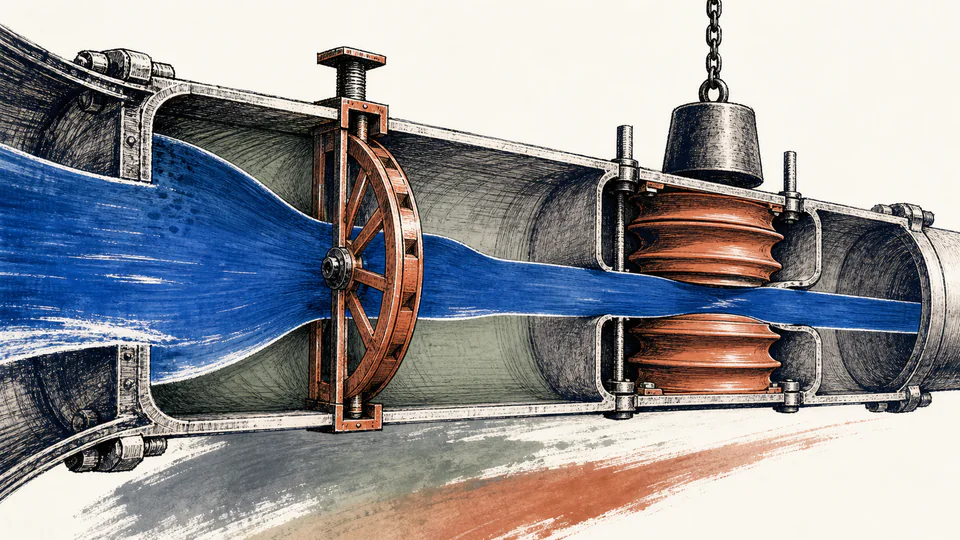 Editorial scene of one pipe passing through velocity and pressure-drop gates, with the narrower gate setting flow ribbon width.