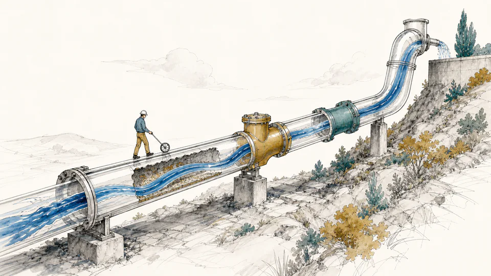 Editorial engineering scene showing a long process pipe as a transparent path with separate markers for velocity, roughness, fittings, elevation, and pump head.