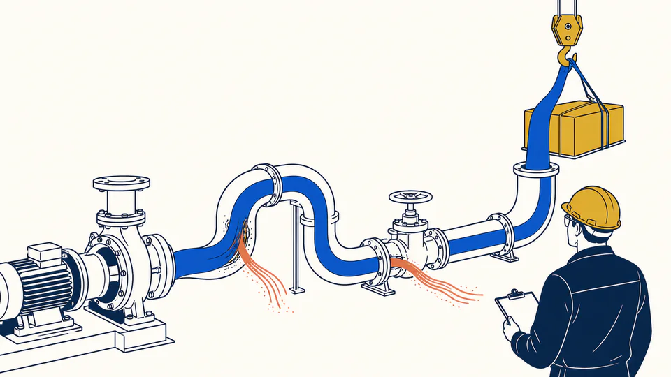 Editorial pump and pipe scene where a blue flow ribbon delivers useful head while smaller ribbons peel away at rough wall and valves.