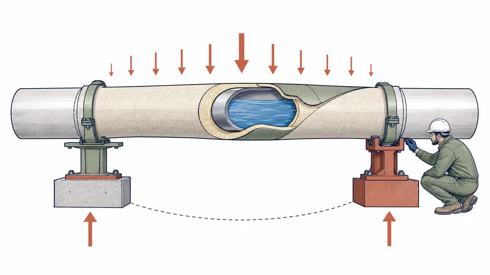 Editorial side view of an insulated fluid pipe on two supports, with transparent layers for steel, fluid, insulation, reactions, and midspan bending.