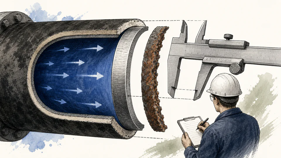 Editorial cutaway of a pipe wall measured with calipers, with slices for nominal wall, mill tolerance, corrosion allowance, internal pressure, and weld factor.