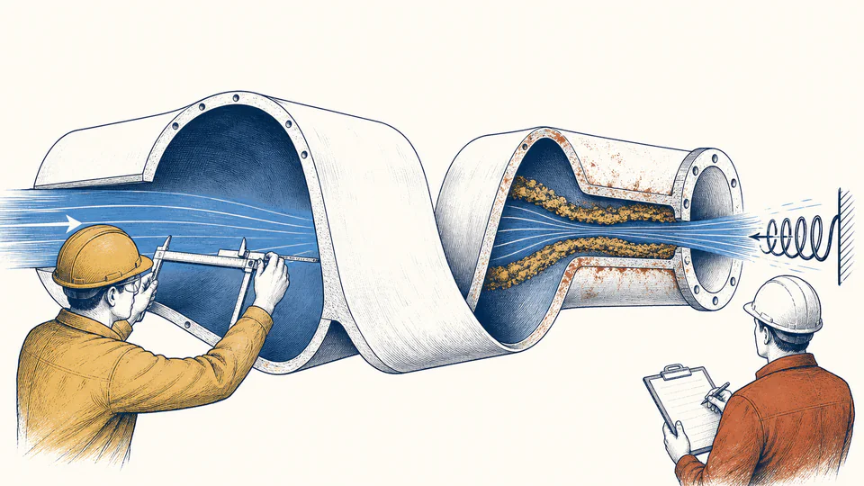 Editorial split cutaway of a pipe before and after wall buildup, with narrowed bore accelerating flow and stretching a pressure-loss gauge.