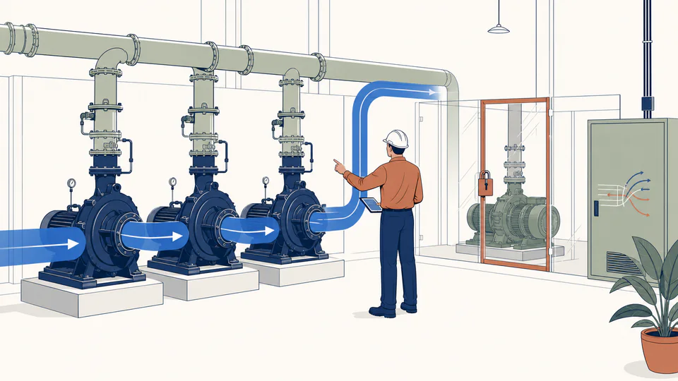 Editorial cutaway of a pump room where three duty pumps carry a measured flow ribbon and one standby pump remains isolated beside the power panel.