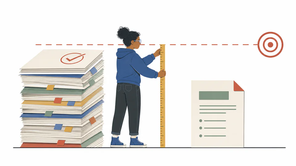 A student looks from a completed grade ledger toward a remaining assignment card and a clearly marked target line.