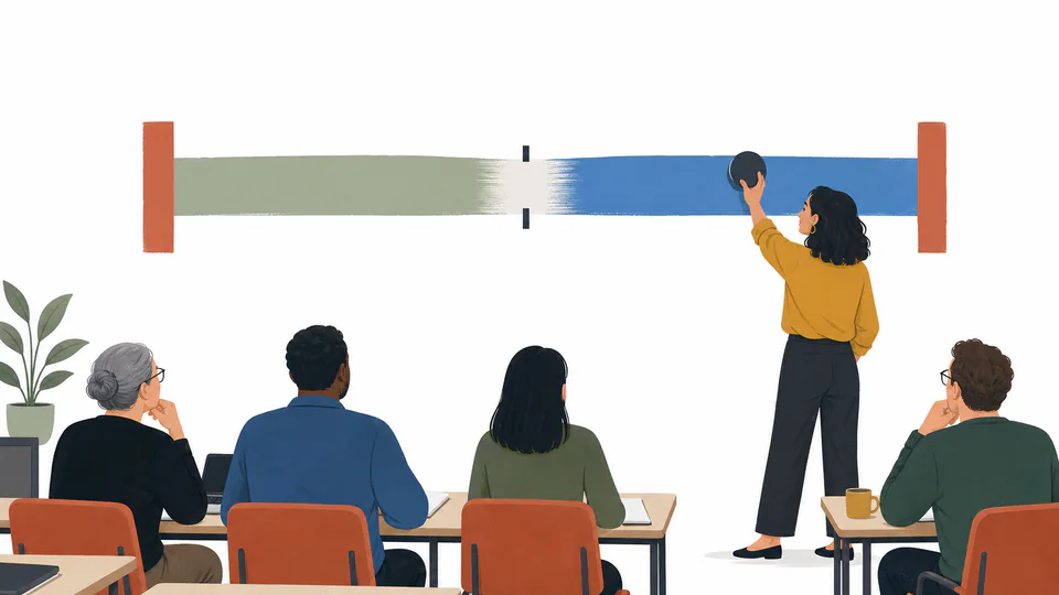 An education analyst places an observed class-size marker inside a benchmark band with the midpoint and limits clearly separated.