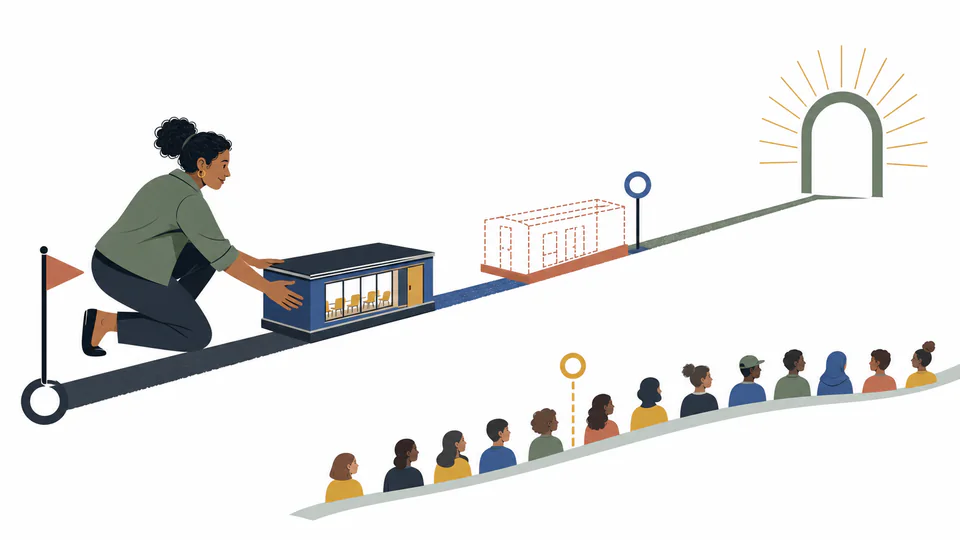 A facilities planner marks baseline, delivered, and target seat counts on a long classroom capacity ribbon with enrollment as a separate line.