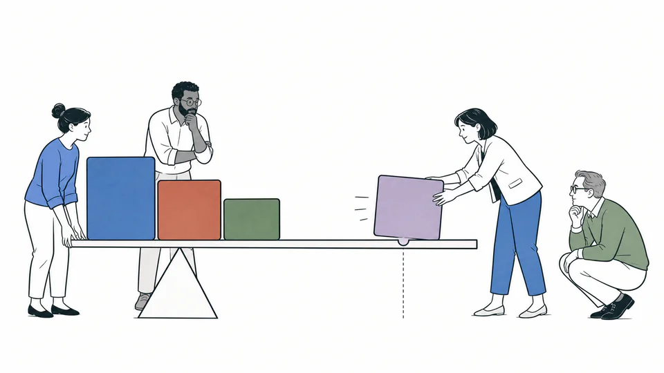 A school planning team balances three measured capacity tiles against a target marker while a fourth tile is still blank.