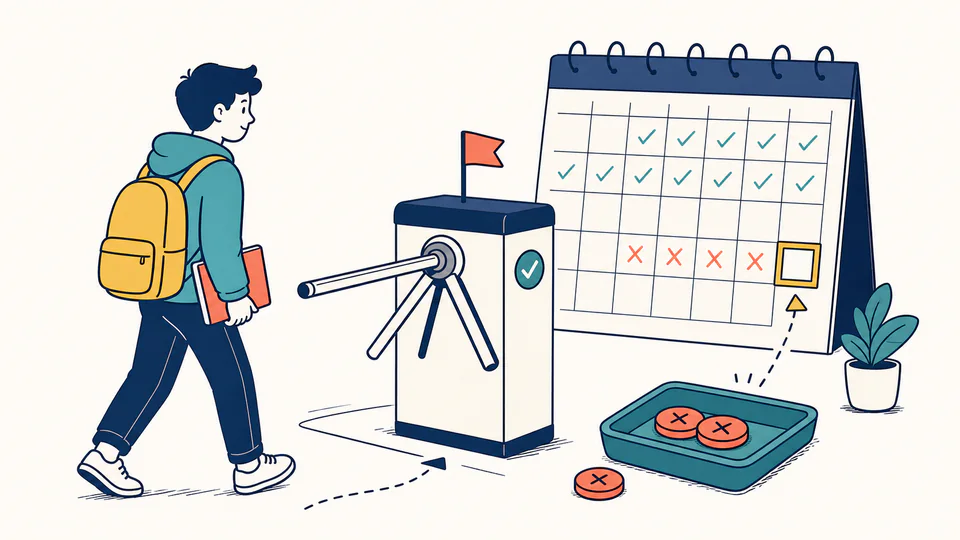 Attendance Benchmark Calculator editorial illustration showing attendance benchmark margin as an education planning record with evidence, threshold, and follow-up action kept separate.