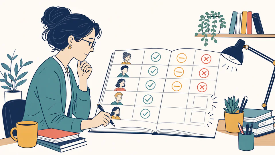 Attendance Completion Calculator editorial illustration showing record completion and credited attendance as an education planning record with evidence, threshold, and follow-up action kept separate.