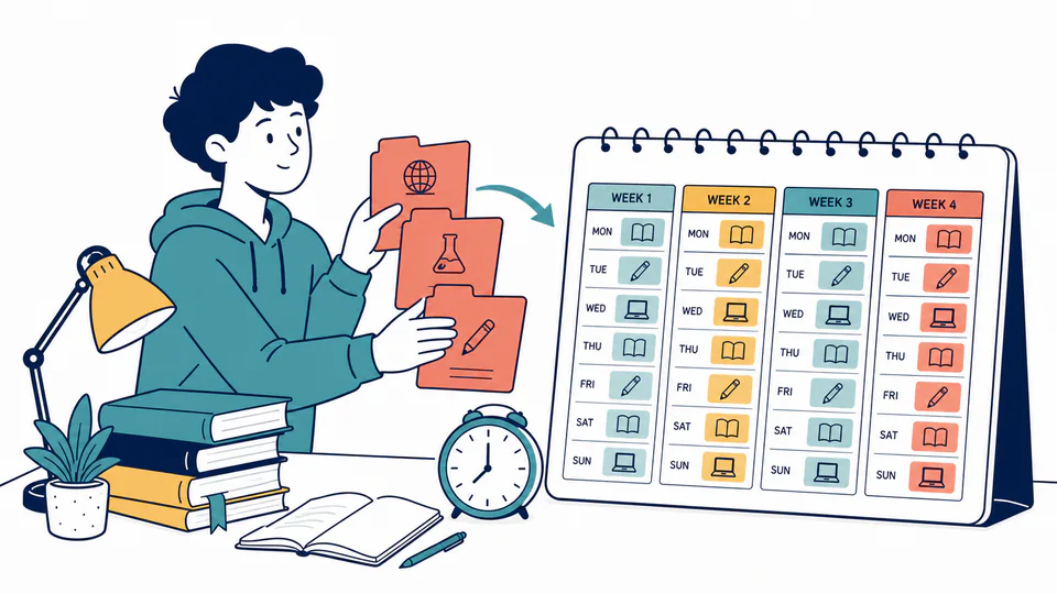 Attendance Study Schedule Calculator editorial illustration showing catch-up workload as an education planning record with evidence, threshold, and follow-up action kept separate.