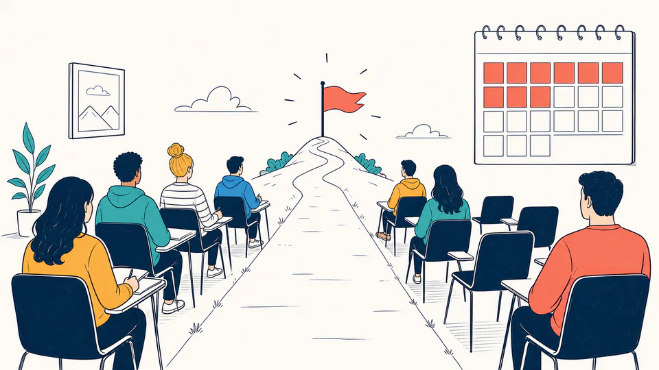 Attendance Target Score Calculator editorial illustration showing future sessions required as an education planning record with evidence, threshold, and follow-up action kept separate.