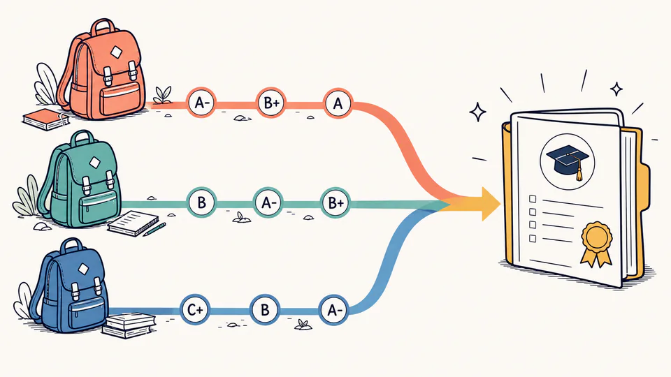 Credit Hour Scenario Calculator editorial illustration showing term GPA scenarios as an education planning record with evidence, threshold, and follow-up action kept separate.