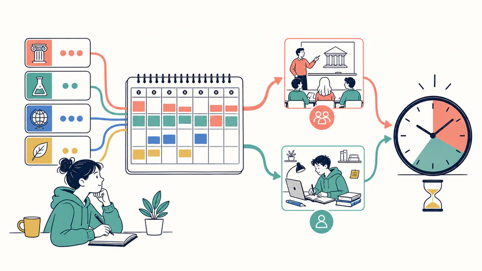 Credit Hour Study Schedule Calculator editorial illustration showing weekly credit-hour workload as an education planning record with evidence, threshold, and follow-up action kept separate.