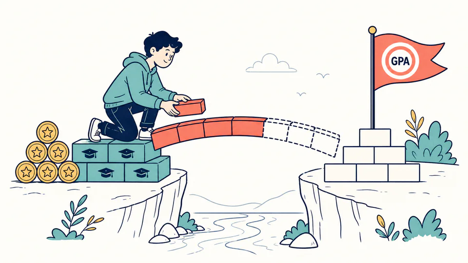 Credit Hour Target Score Calculator editorial illustration showing required remaining-credit GPA as an education planning record with evidence, threshold, and follow-up action kept separate.