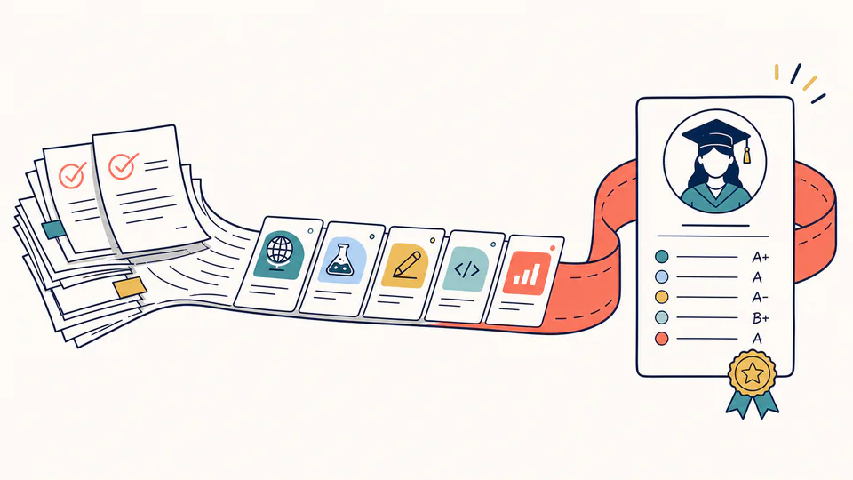 Degree Completion Grade Calculator editorial illustration showing projected degree GPA as an education planning record with evidence, threshold, and follow-up action kept separate.