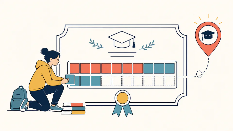 Degree Completion Target Score Calculator editorial illustration showing remaining-credit GPA needed as an education planning record with evidence, threshold, and follow-up action kept separate.