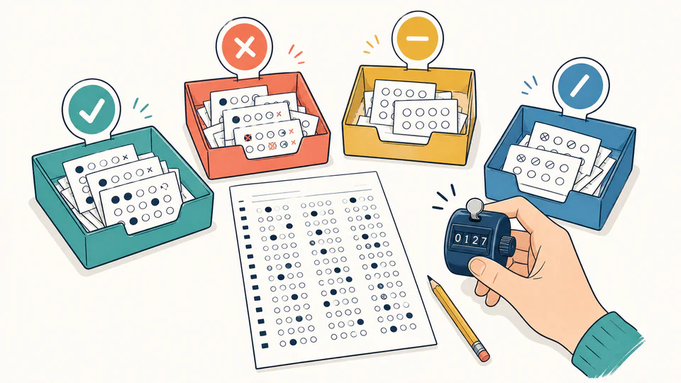Standardized Test Grade Calculator editorial illustration showing raw test percent as an education planning record with evidence, threshold, and follow-up action kept separate.