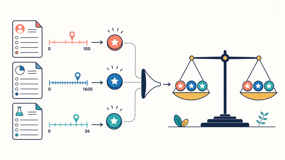 Standardized Test Weighted Score Calculator editorial illustration showing weighted standardized-test percent as an education planning record with evidence, threshold, and follow-up action kept separate.