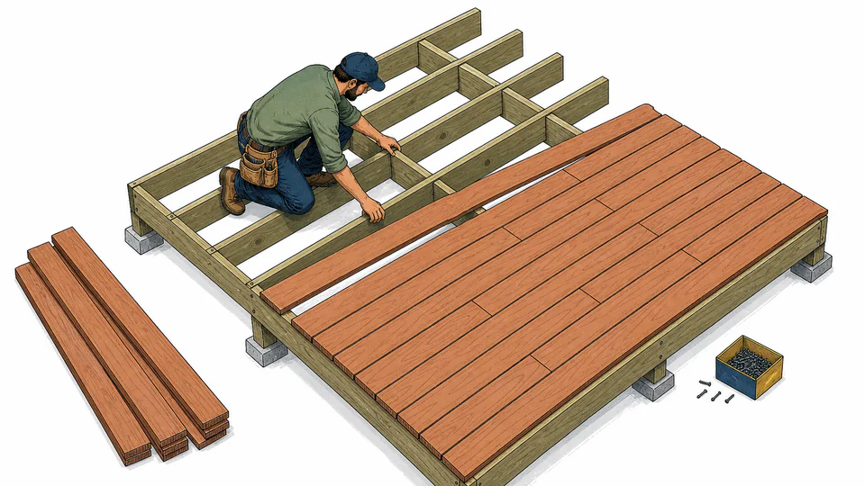 Carpenter lays full deck-board courses across a joist grid while stock lengths and fastener intersections are counted separately.