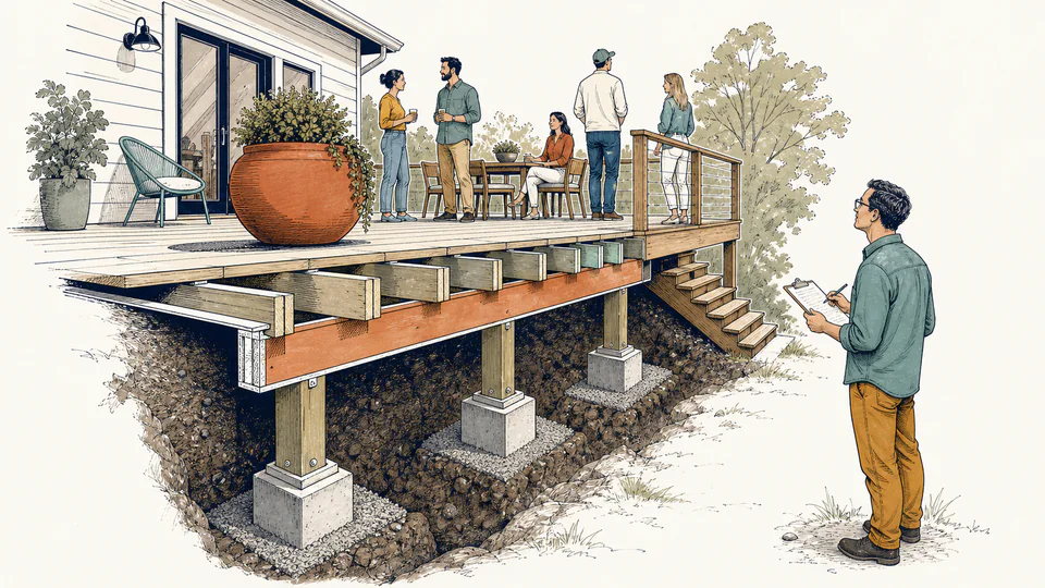 Engineer traces deck surface loads through beams and posts to footing records without replacing the approved structural plan.