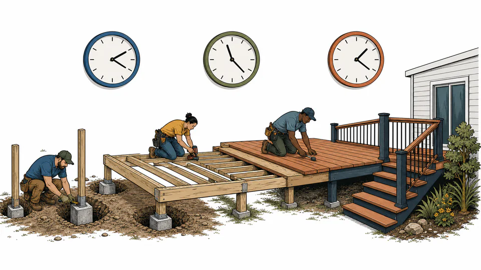 Deck crew advances from footing holes to framing, boards, rails, and stairs while three independent hold clocks stay visible.