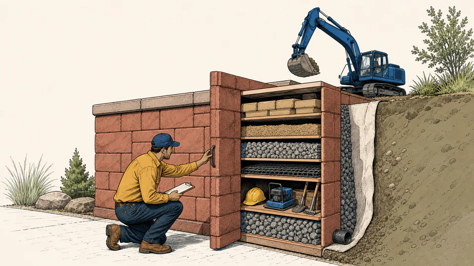 Estimator opens a retaining-wall cutaway ledger with separate trays for blocks, caps, base stone, drainage stone, geogrid, labor, and equipment.