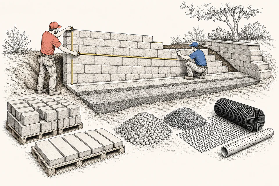 Landscape contractor sorts wall blocks, caps, aggregate, and geogrid into separate delivery groups beside a measured wall cutaway.