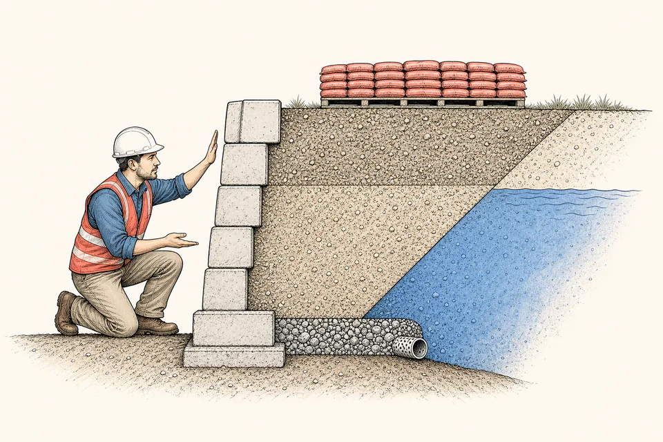 Geotechnical engineer separates triangular soil pressure, rectangular surcharge, and water pressure on a retaining-wall cutaway.