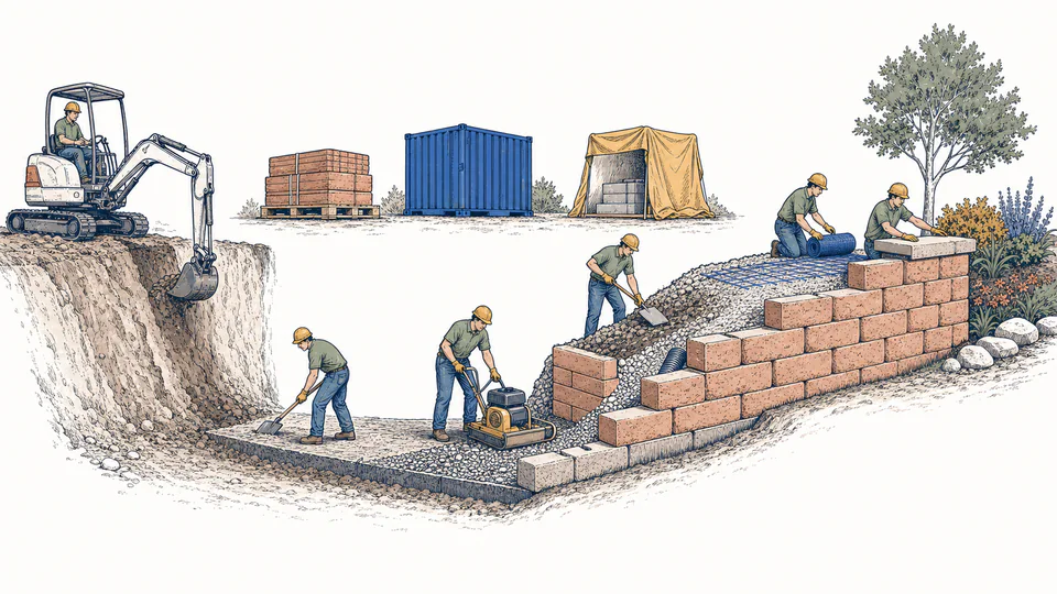 Retaining wall crew builds a cutaway layer by layer while procurement, inspection, and cap-adhesive clocks remain separate.