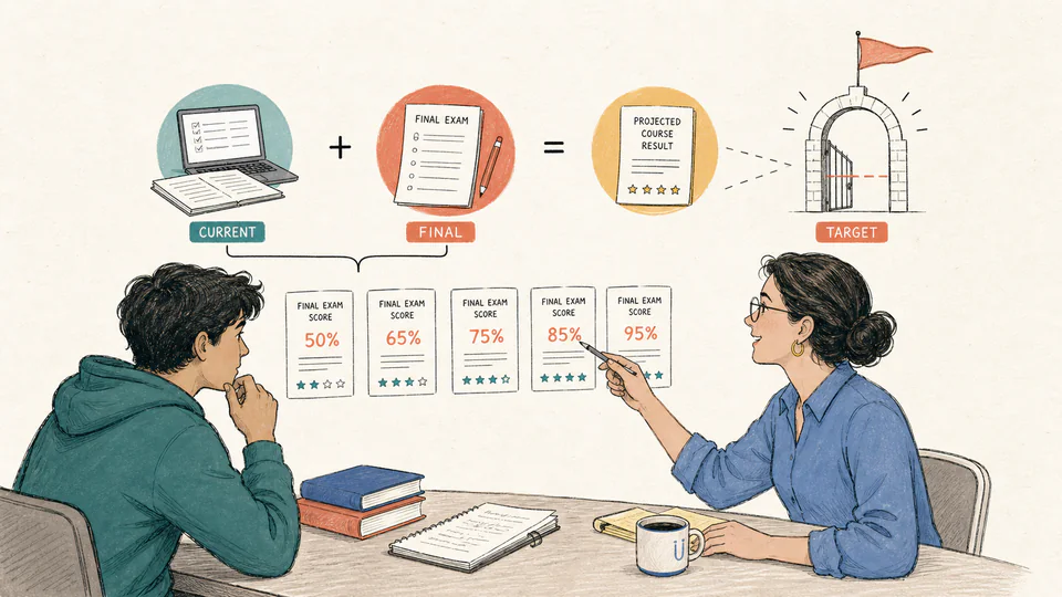 Student compares several final-exam score cards against one transparent course-grade target and syllabus weight.