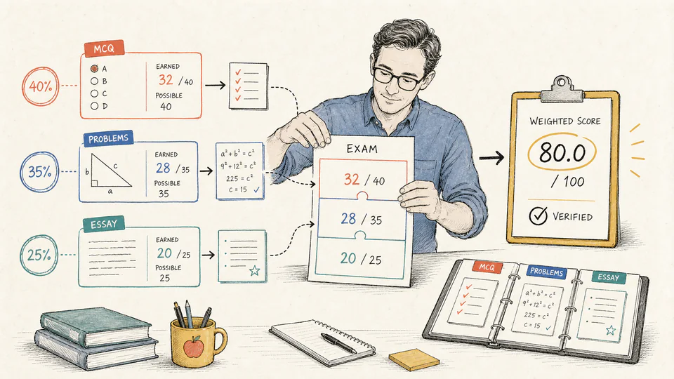 Instructor balances multiple-choice, problem-solving, and essay sections on a weighted exam scale while raw points remain visible.