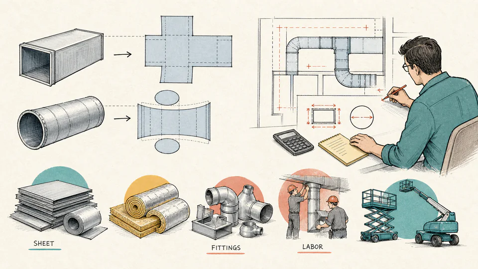 Estimator unfolds rectangular and round duct runs into sheet surface while labor, insulation, fittings, and equipment are priced separately.