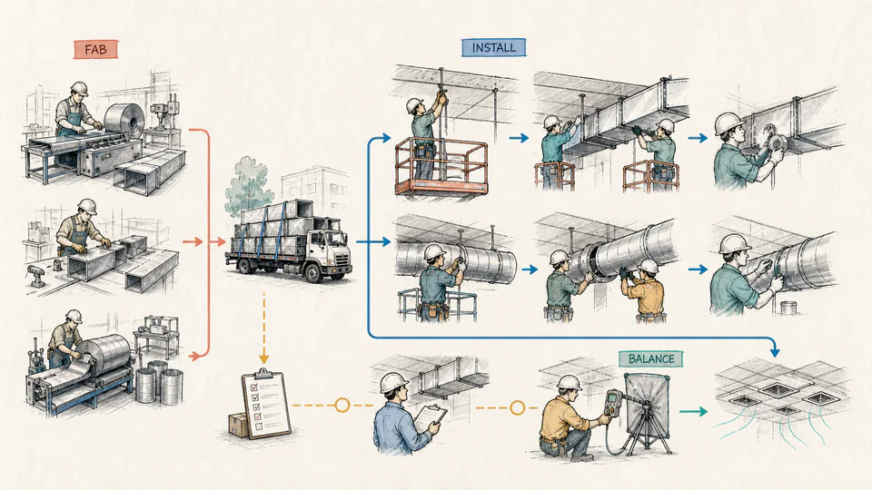 Duct team coordinates shop fabrication, hanger installation, field assembly, testing, inspection, and balancing along one critical path.