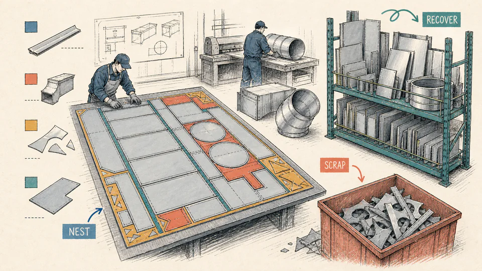 Fabrication planner nests duct patterns on sheet stock, separates seam strips and fittings, and returns verified offcuts to inventory.