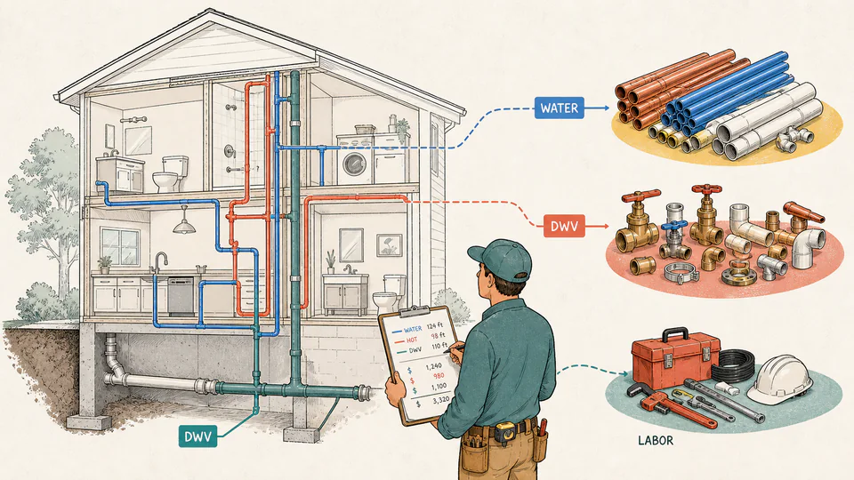 Estimator traces separate water and drain routes across a cutaway building while tagged materials and labor remain distinct.