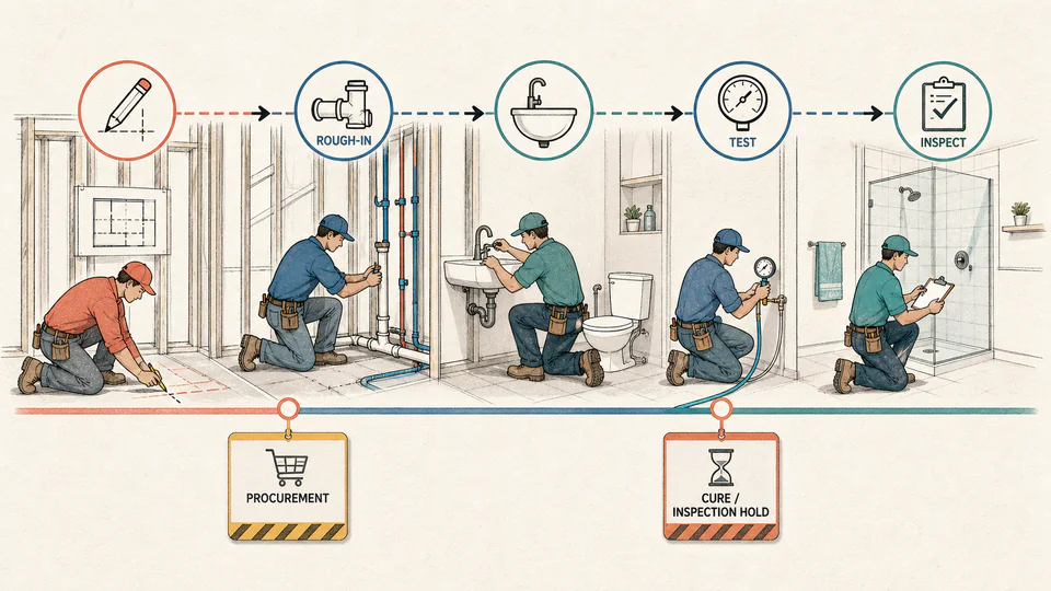 Plumbing crew advances through layout, rough-in, testing, and inspection gates on a renovation timeline.