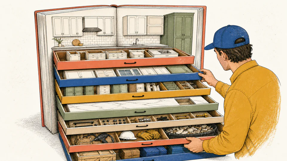 Cabinet estimator opens a kitchen-shaped ledger with separate drawers for casework, countertop, hardware, labor, demolition, and delivery.
