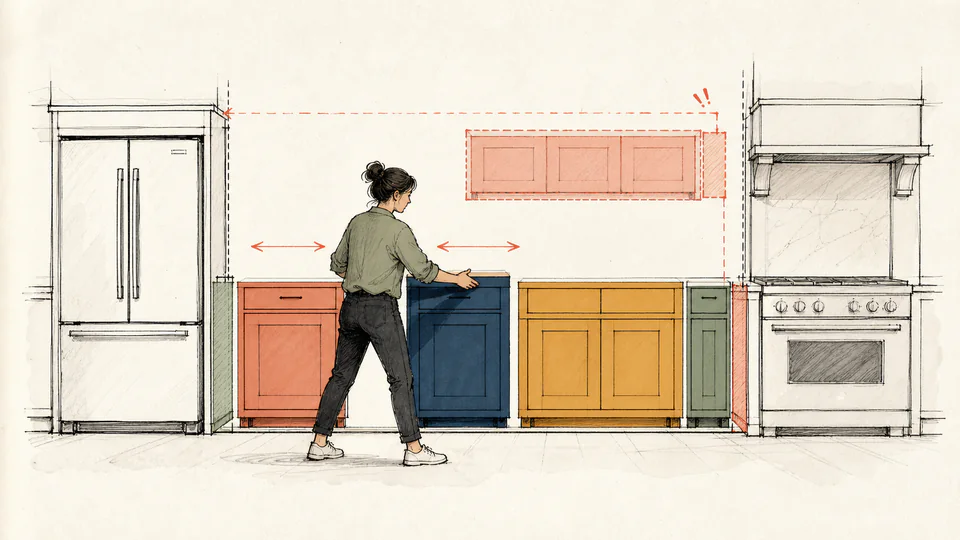 Kitchen planner slides exact cabinet modules between fixed appliances while narrow filler strips absorb the remaining wall gap.